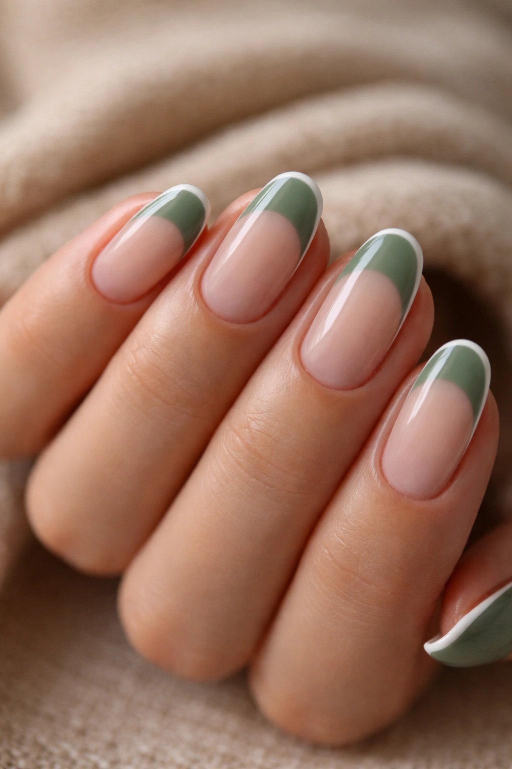Close-up of a short almond nail with sage green tip and white edge