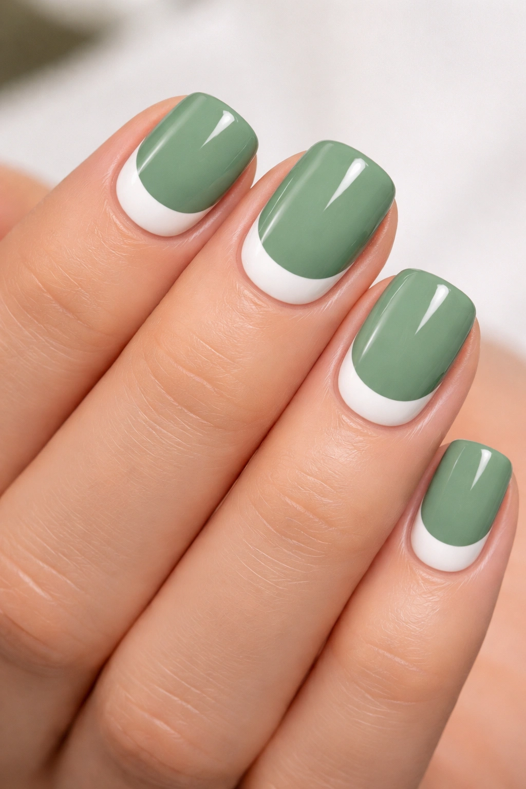 Close-up of sage green nails with white half-moon accent on short squoval nails