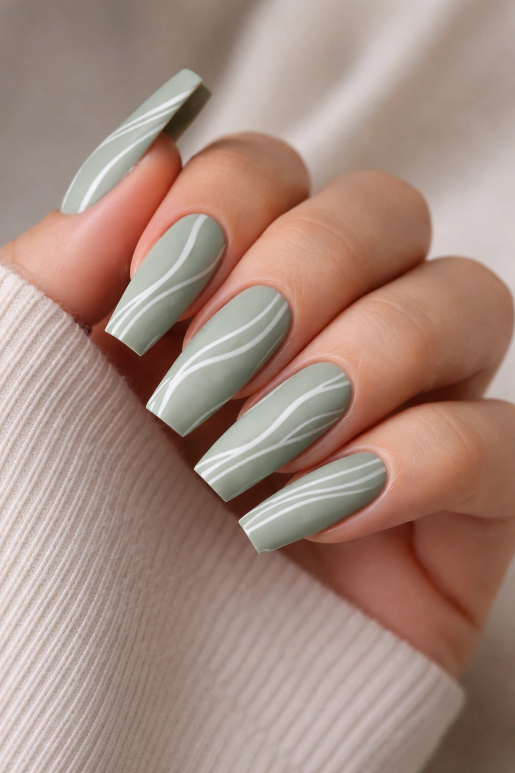 Sage green coffin nails with thin white wavy lines