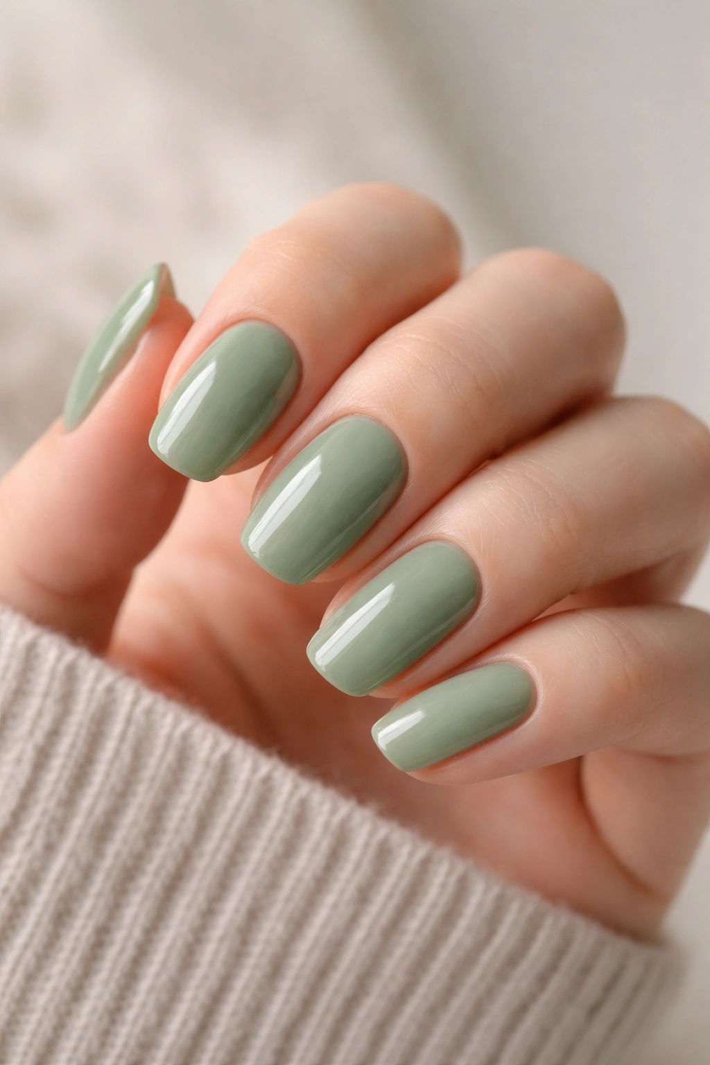 Close-up of hand with sage green glossy nails