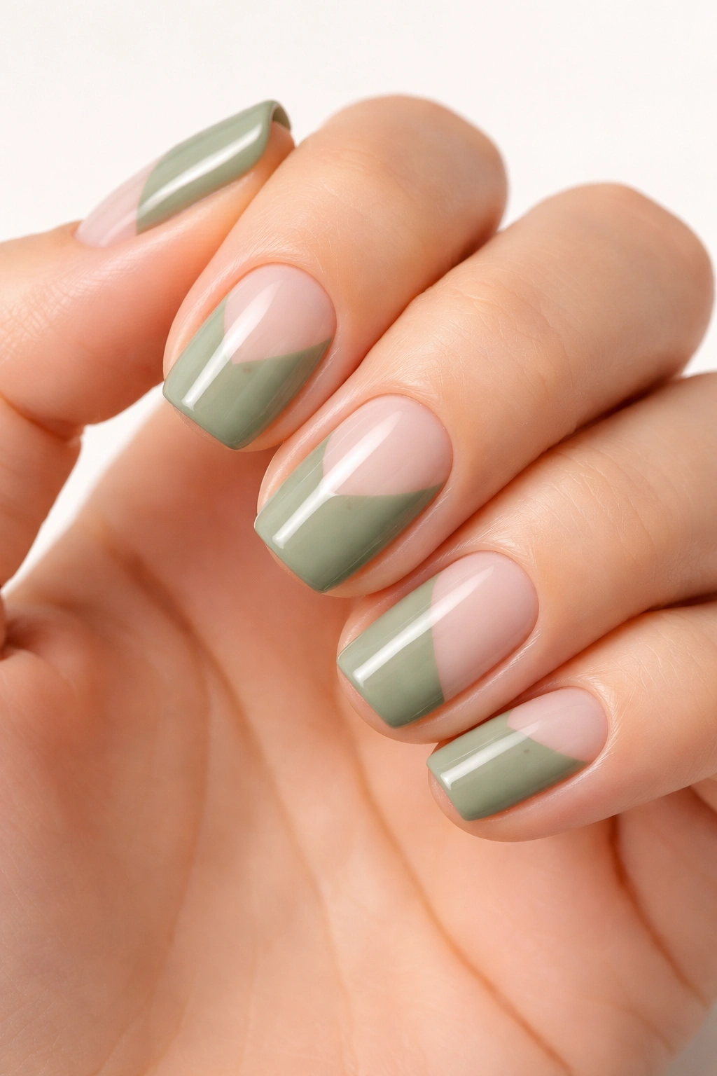 Close-up of sage green nails with geometric negative-space design on short squoval nails