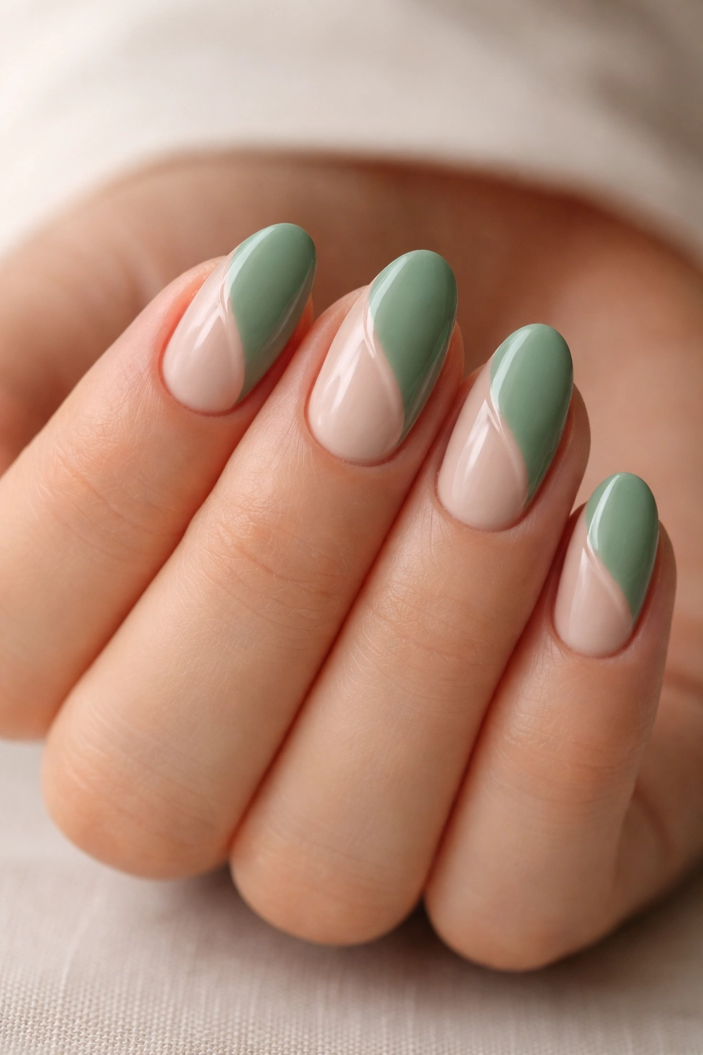 Close-up of sage green and nude color block nails on short almond shape