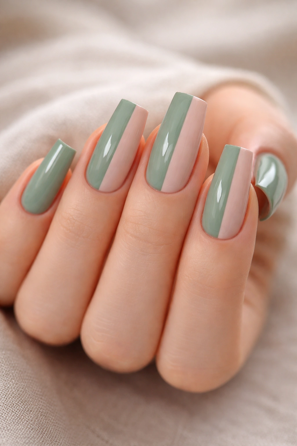 Two-tone sage green and nude coffin nails with vertical split