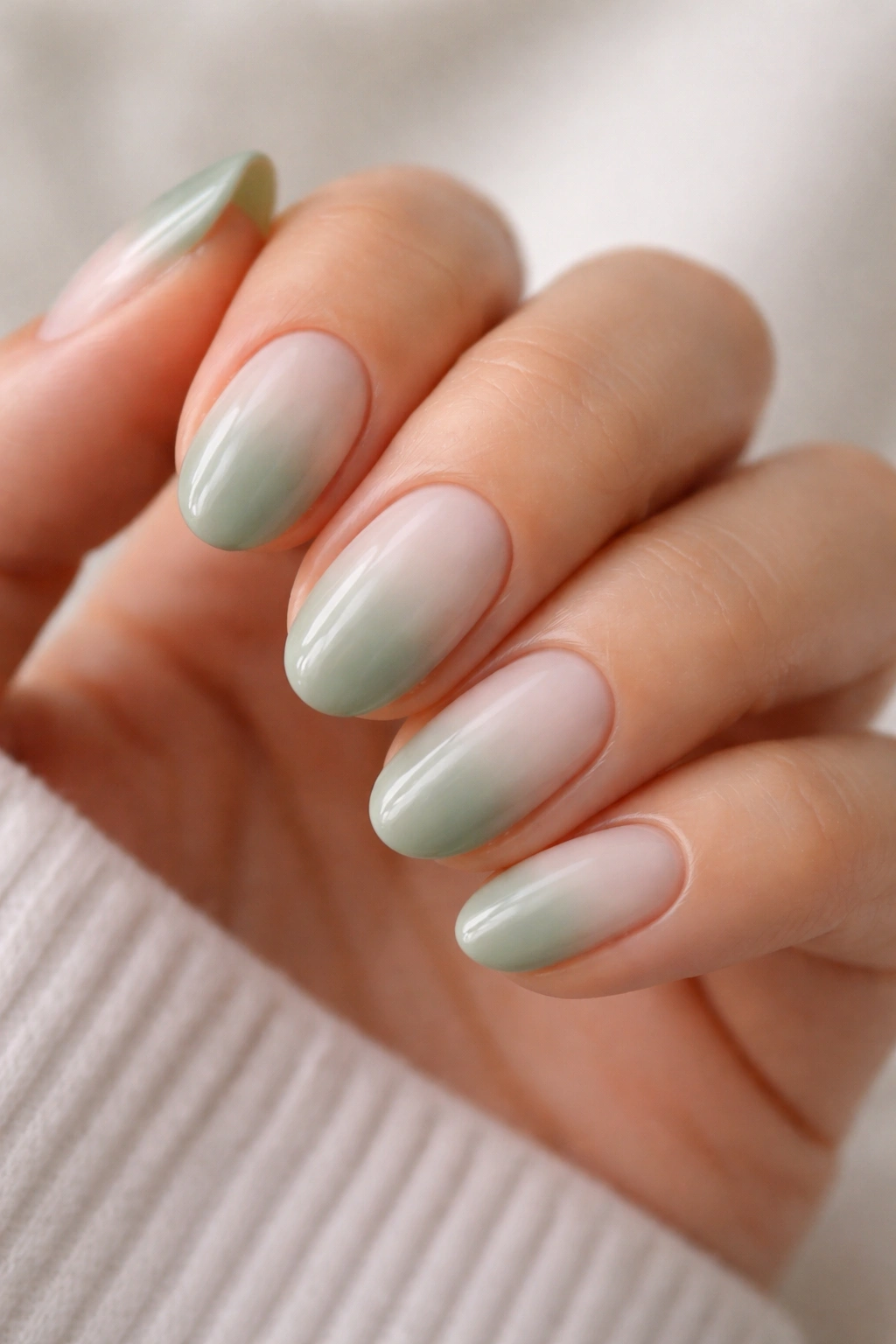 Close-up of short almond nails with a sage green and milky white ombré