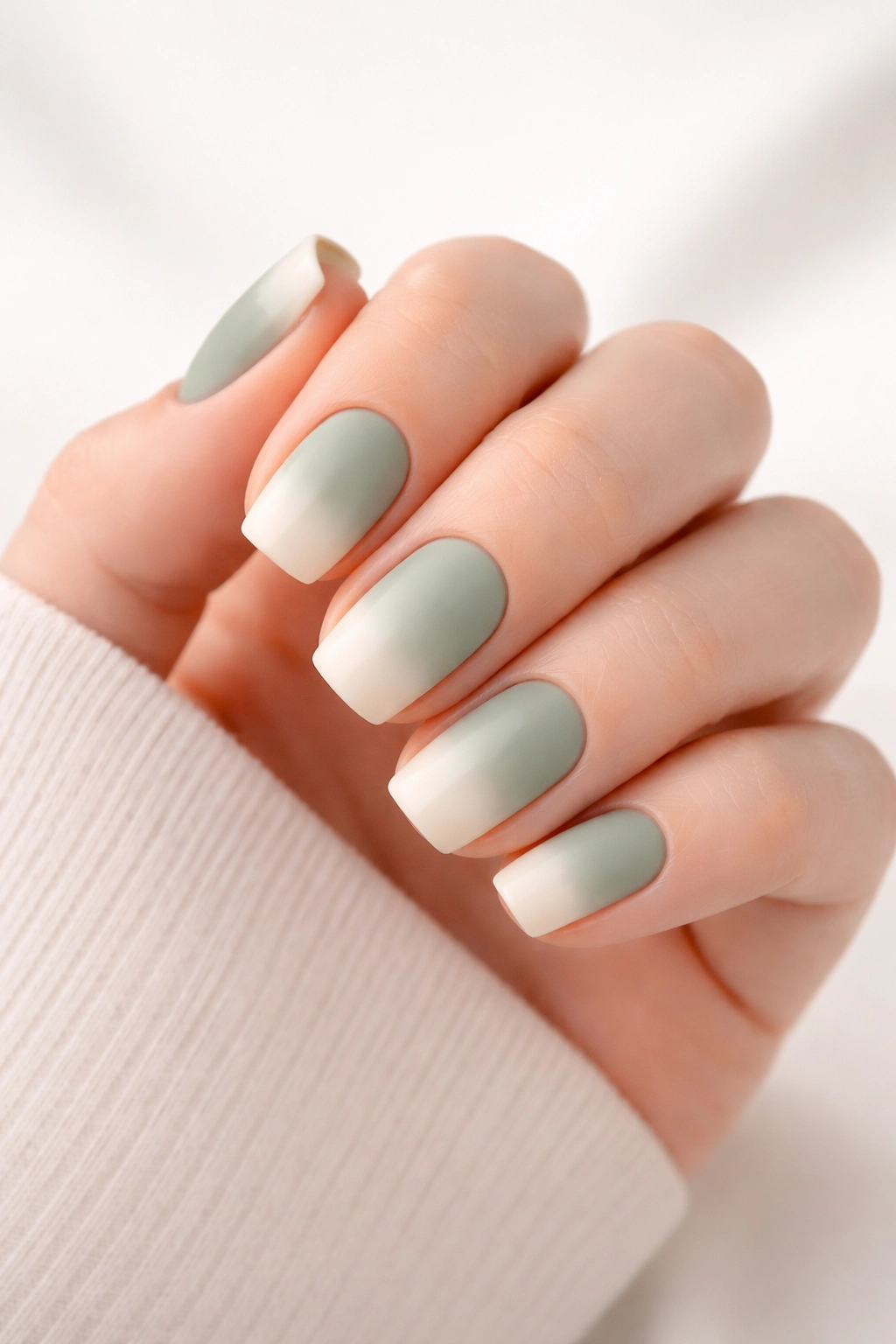 Matte sage ombre nails with cream tips on short squoval shape