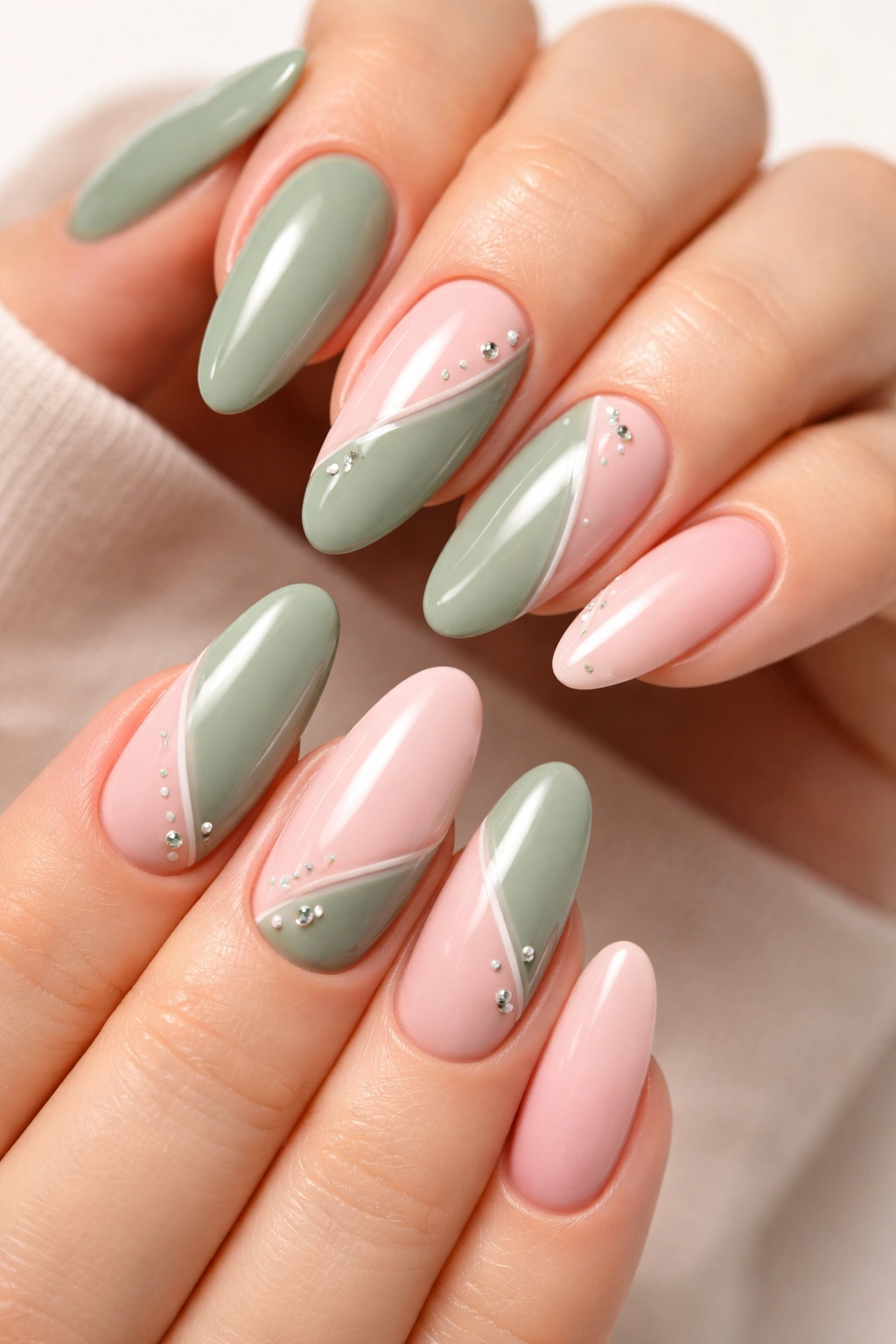 Sage green and pink mismatched nails with soft color blocking