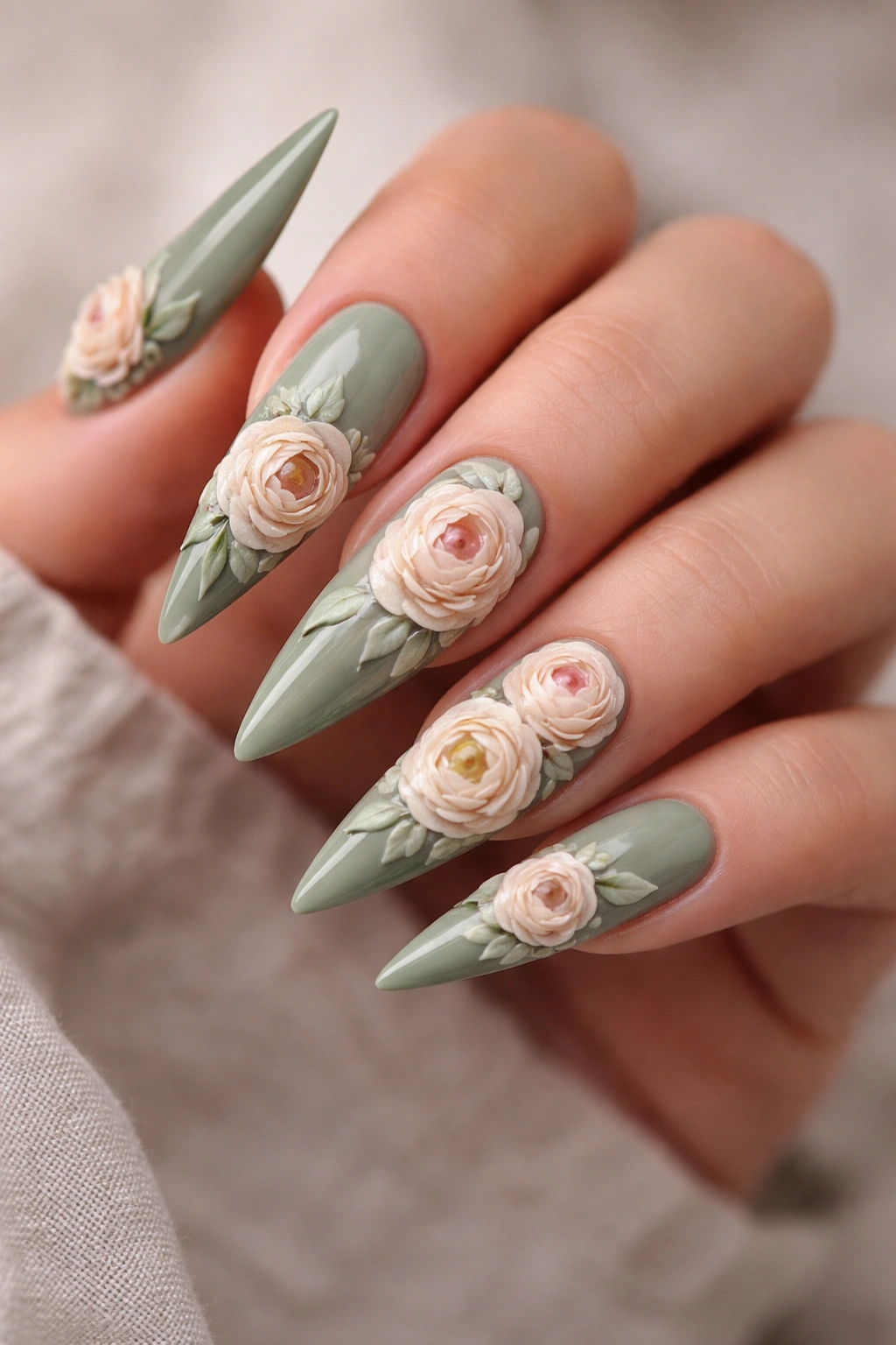 Sage green nails with layered cream and blush ranunculus flowers