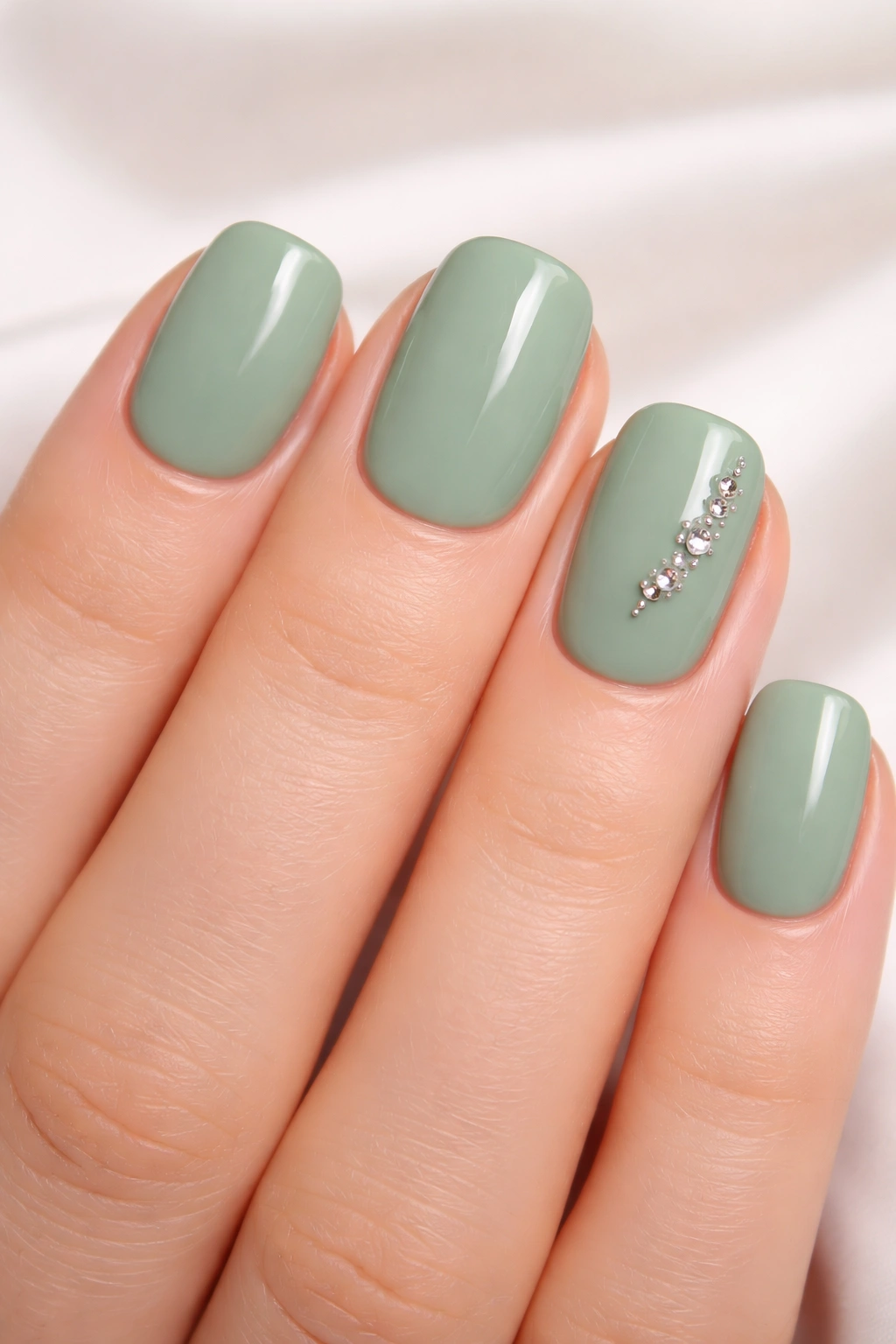 Nails in sage green with sparing rhinestones on accent nail