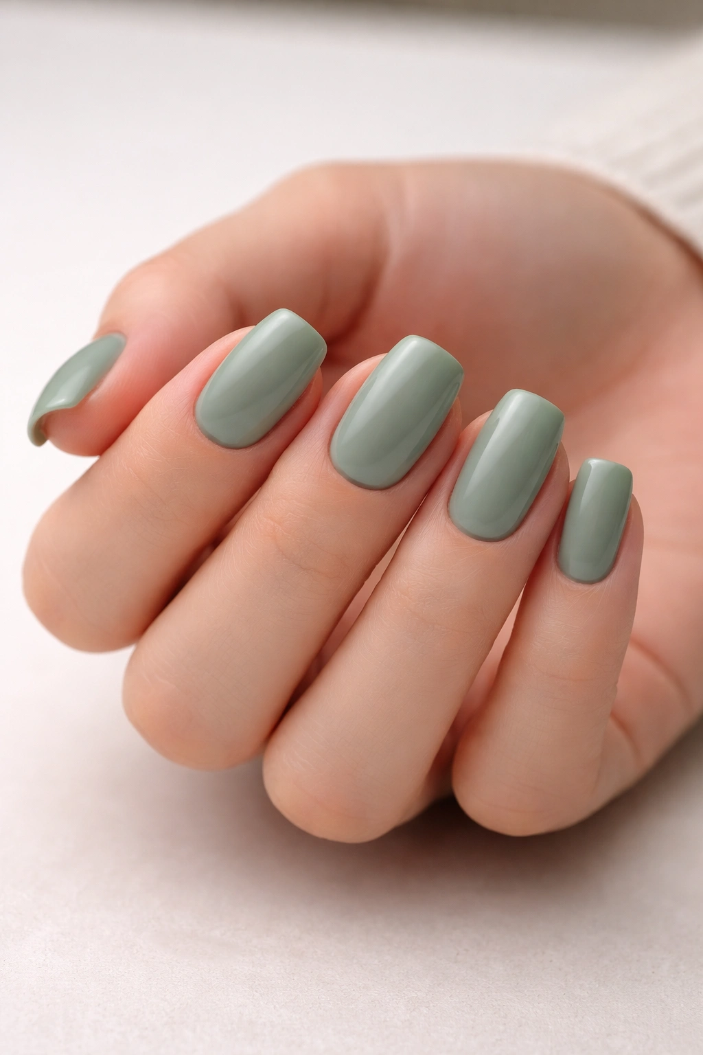 Close-up of sage green squoval nails with a satin finish