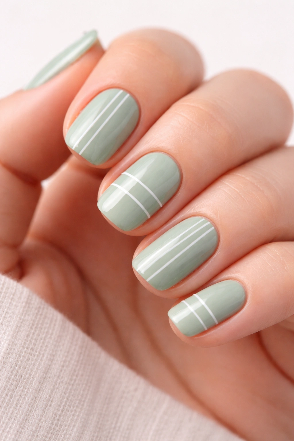 Close-up of sage green nails with thin white stripes