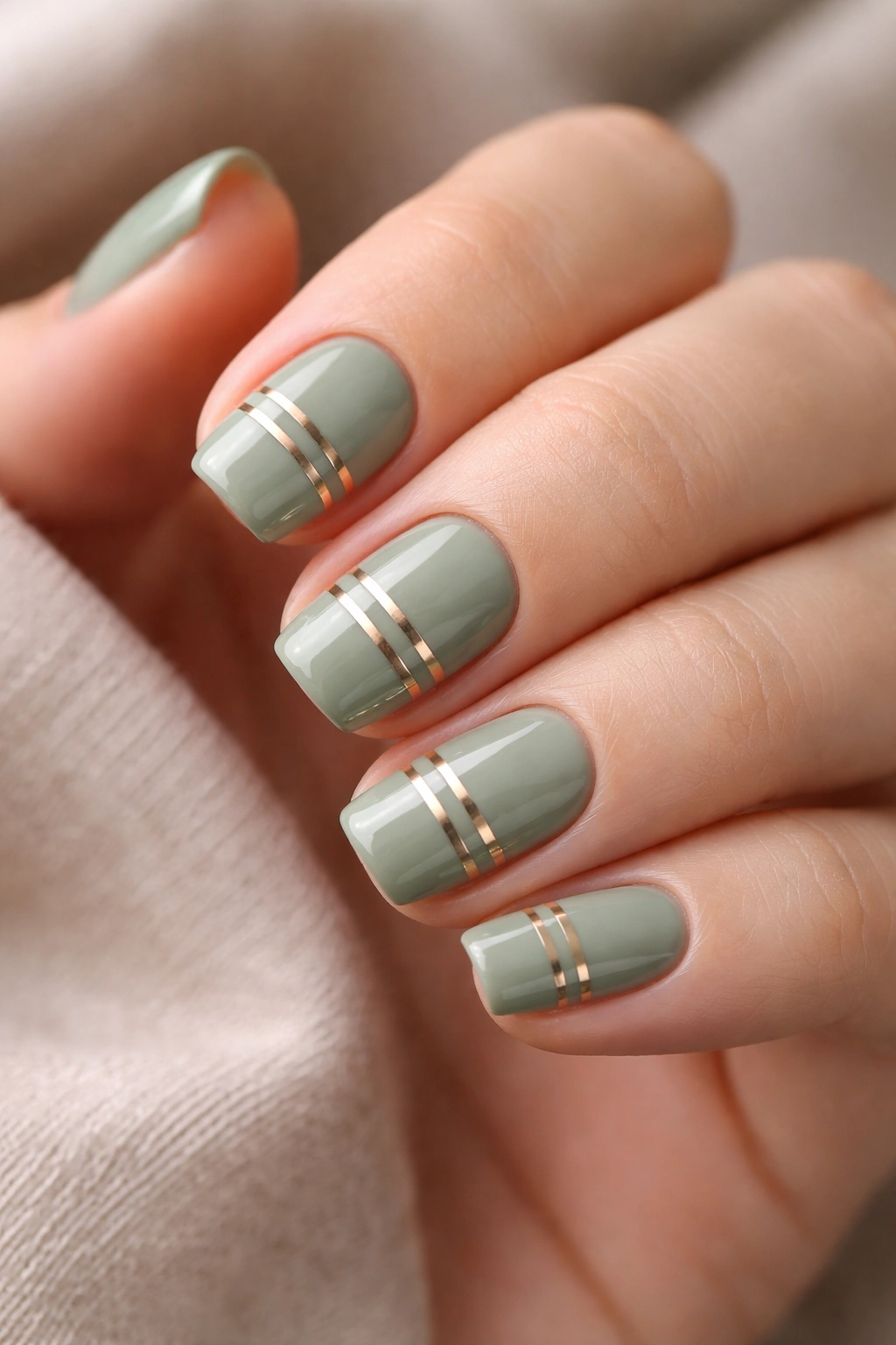 Close-up of sage green nails with rose gold striping tape lines