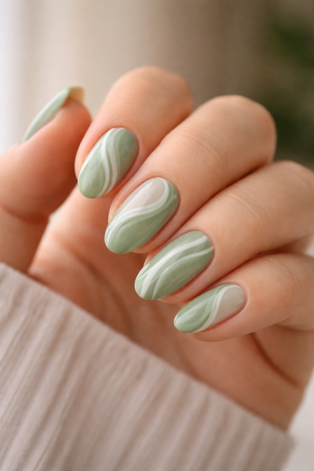 Close-up of sage green swirl nails on short almond base