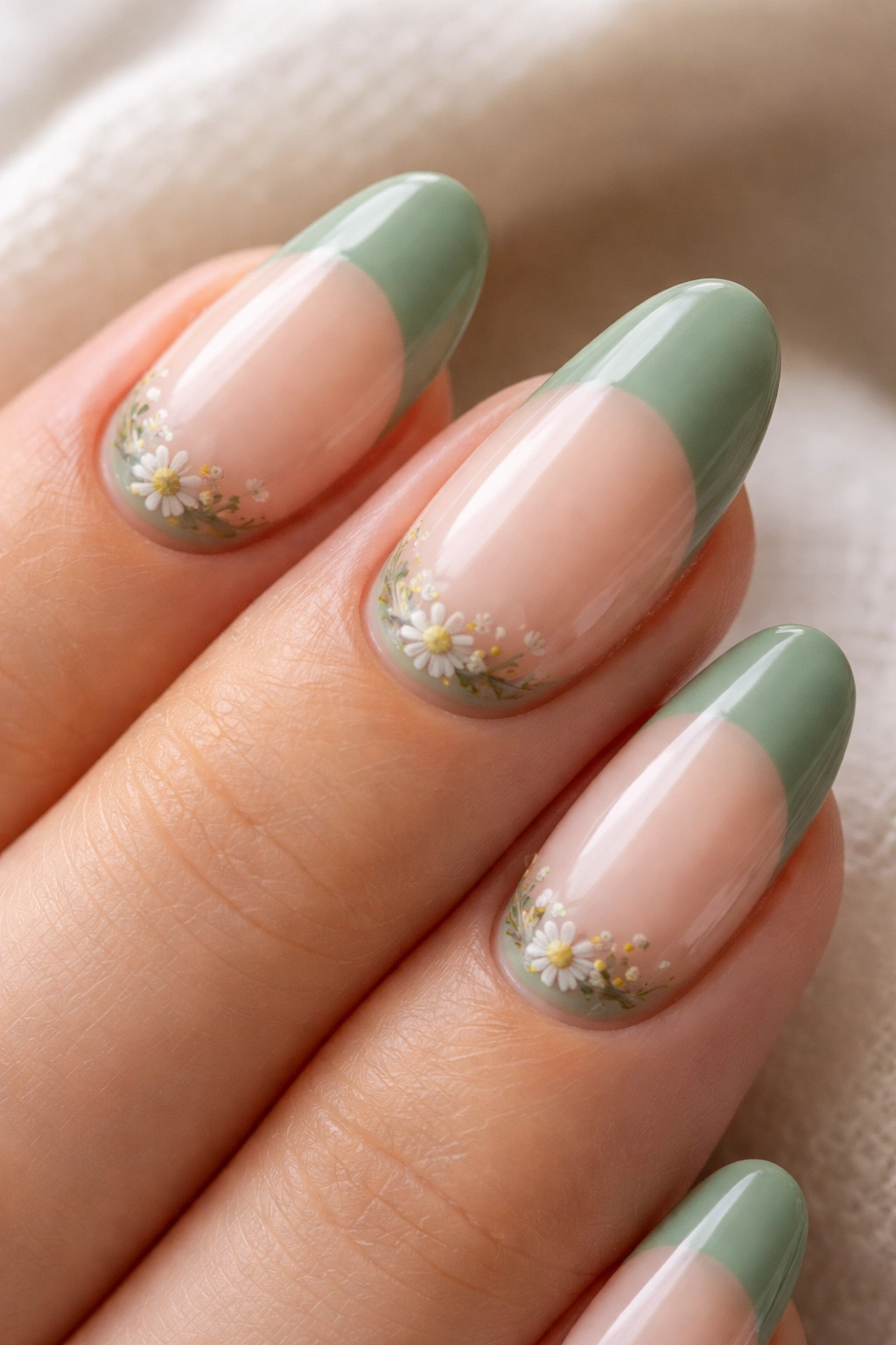 Close-up of a short almond nail with sage green tip and pressed flower detail