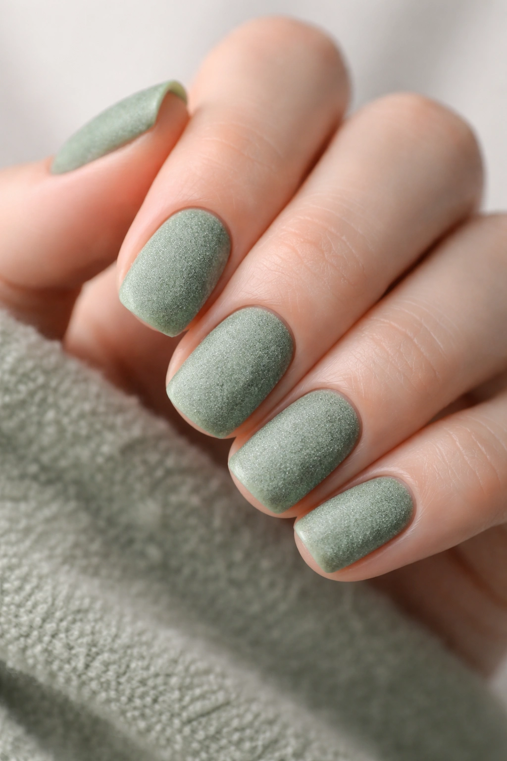 Close-up of nails with sage green velvet texture on short squoval nails