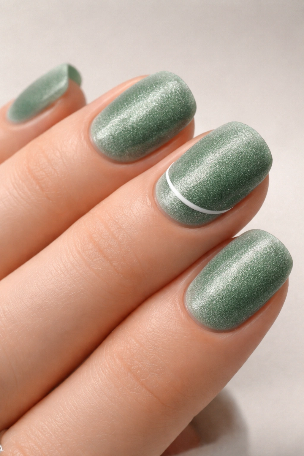 Close-up of sage green velvet nails with minimal white detail.