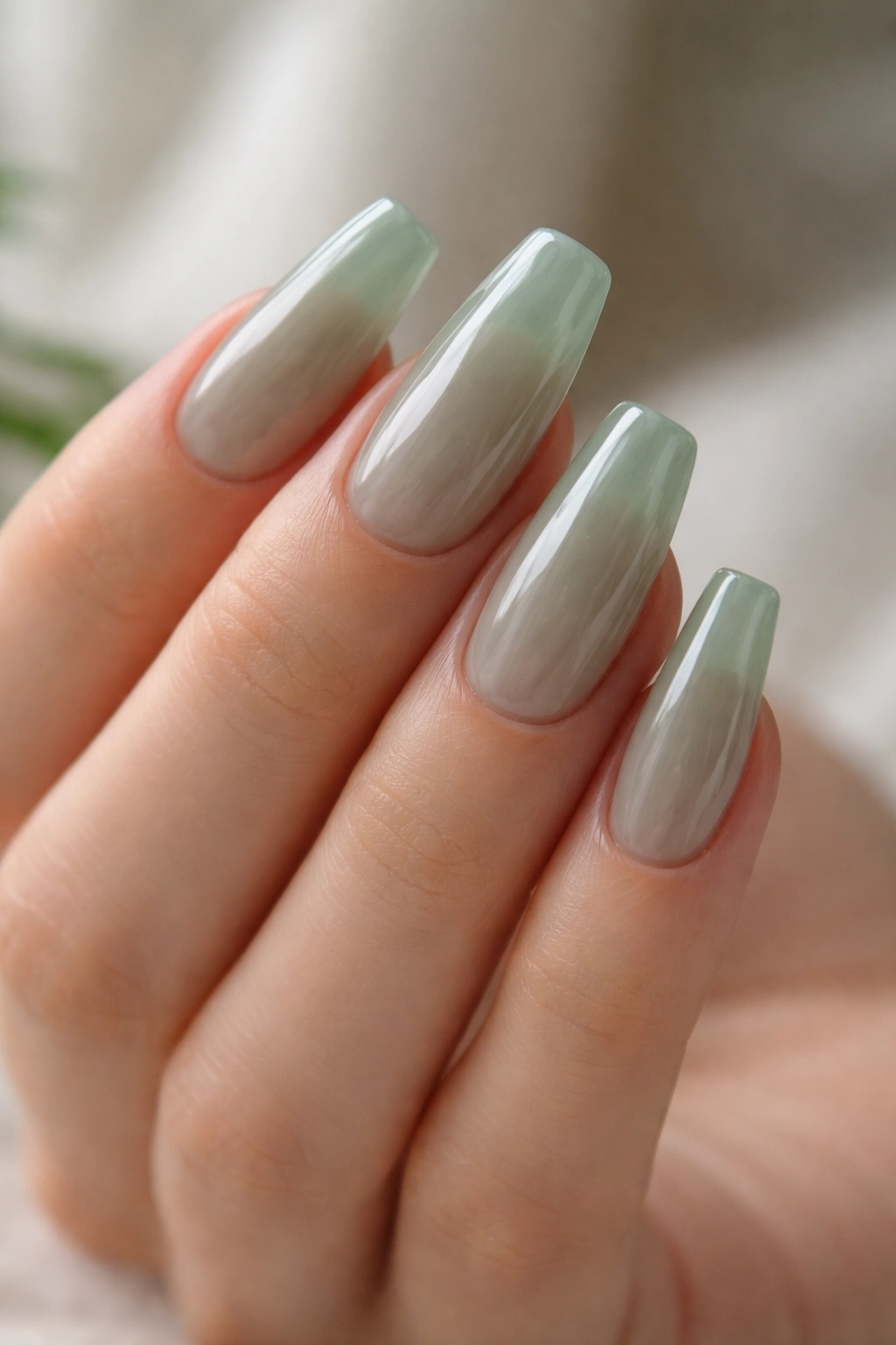 Translucent sage jelly nails on medium-length ballerina nails showing depth