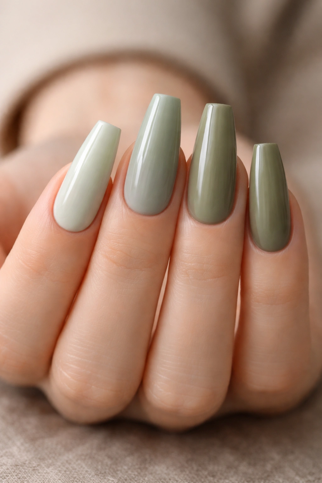 Hand with tonal sage to khaki mismatched ballerina nails in soft greens