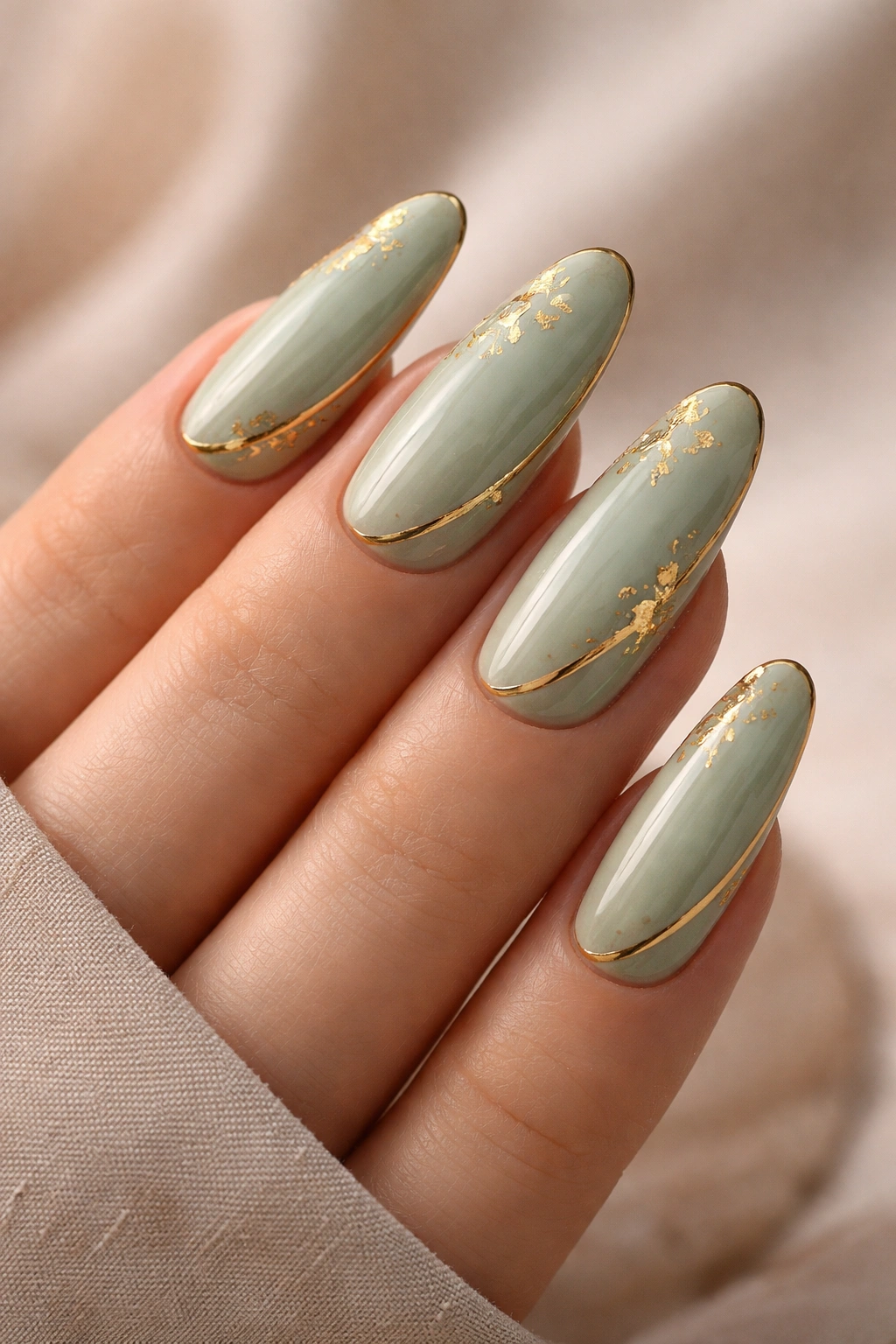 Close-up of long oval nails with soft sage base and gold accents