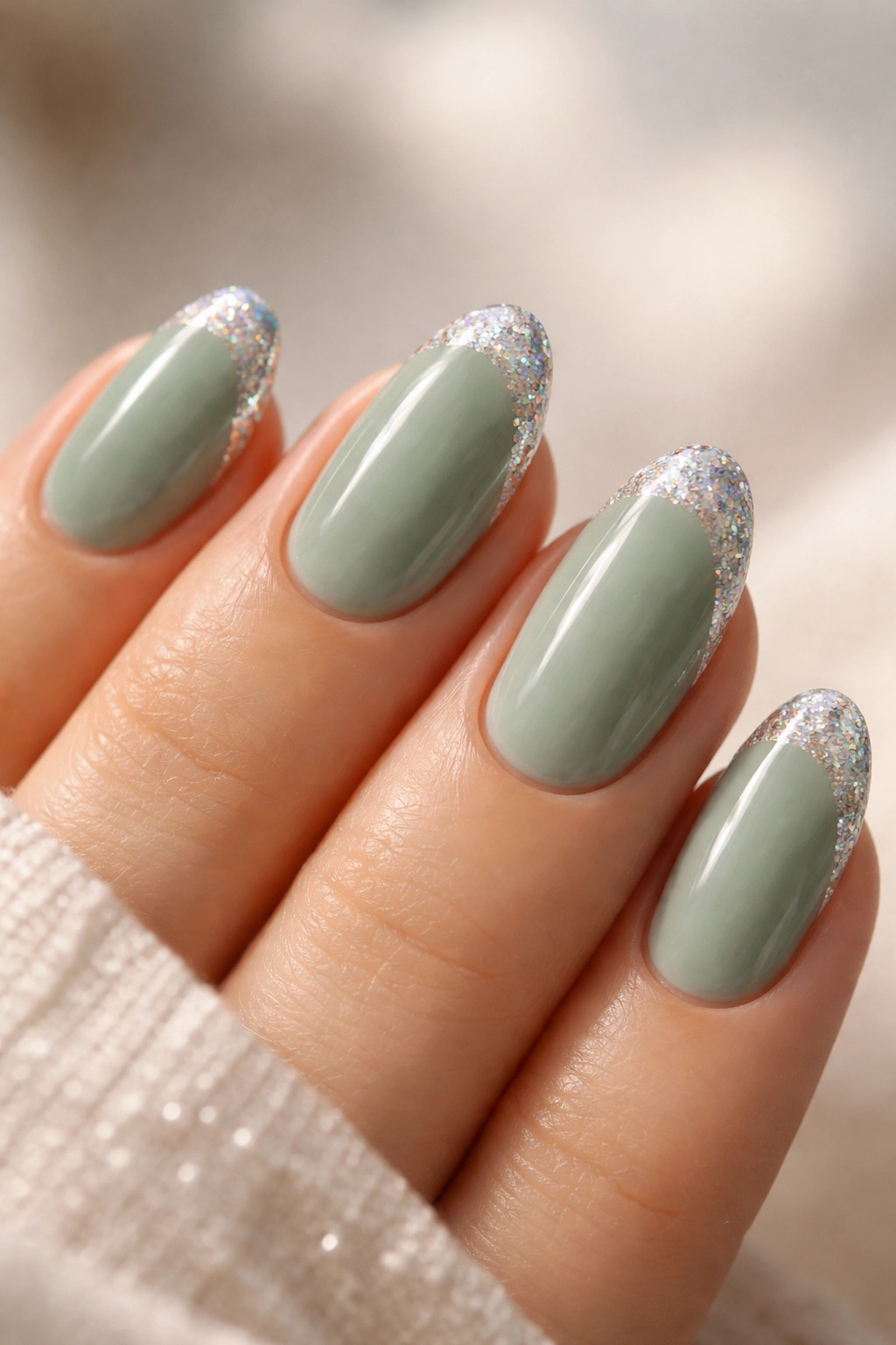 Close-up of short almond nails with sage green tips and holographic glitter fade at the free edge