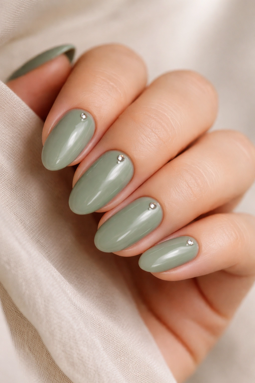 Short almond sage green nails with a tiny rhinestone at the base