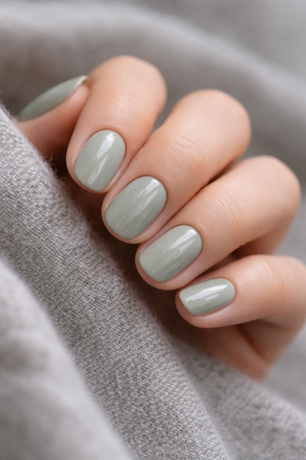 Close-up of sage olive neutral short oval nails with gray undertone
