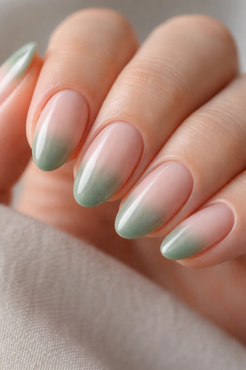 Close-up of short almond nails with sage ombré gradient at the tips fading toward the base
