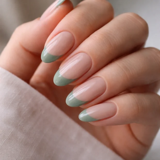 17 Short Sage Green French Tip Almond Nails to Try
