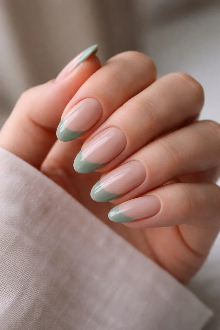 17 Short Sage Green French Tip Almond Nails to Try