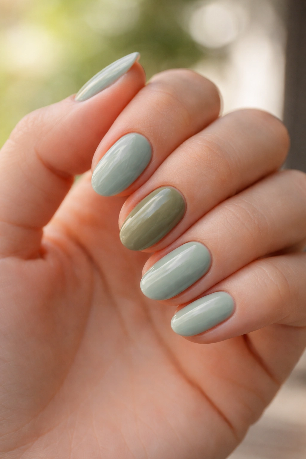 Hand with three sage green nails in varying undertones