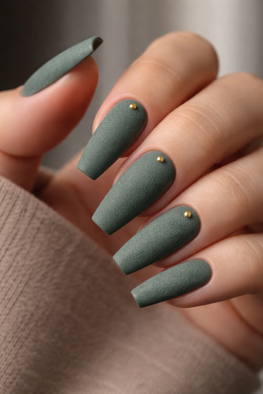 Matte sage green nails with tiny gold studs arranged asymmetrically