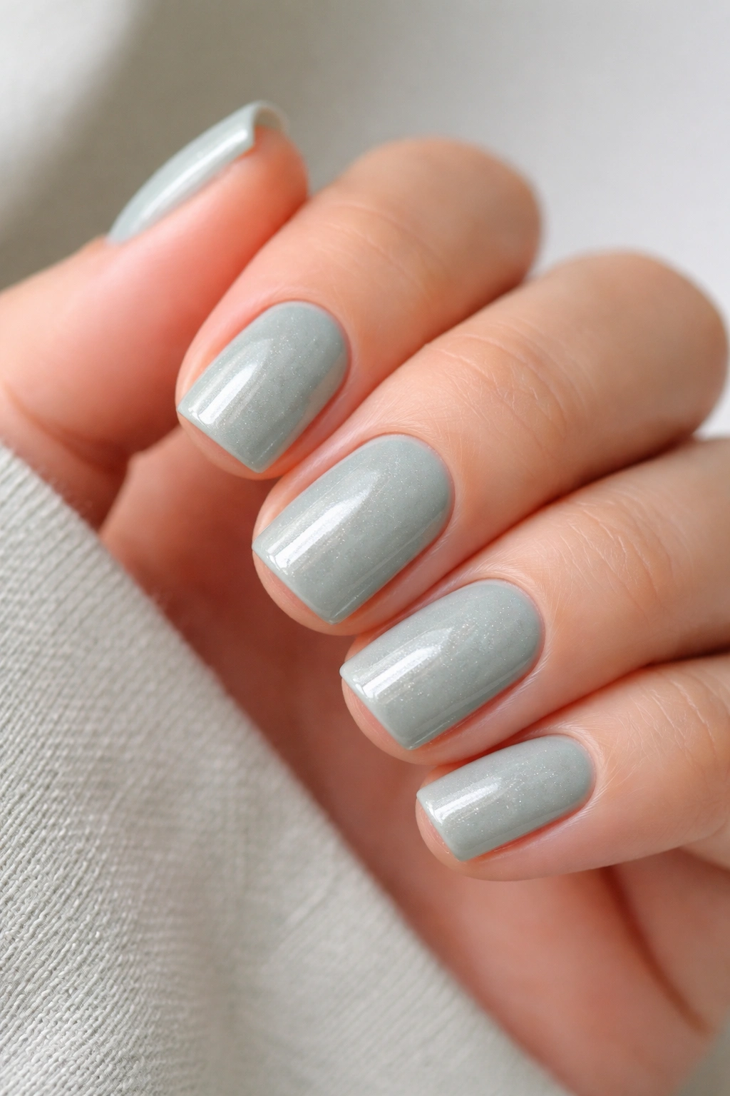 Short squoval nails in sage/teal with subtle pearl shimmer