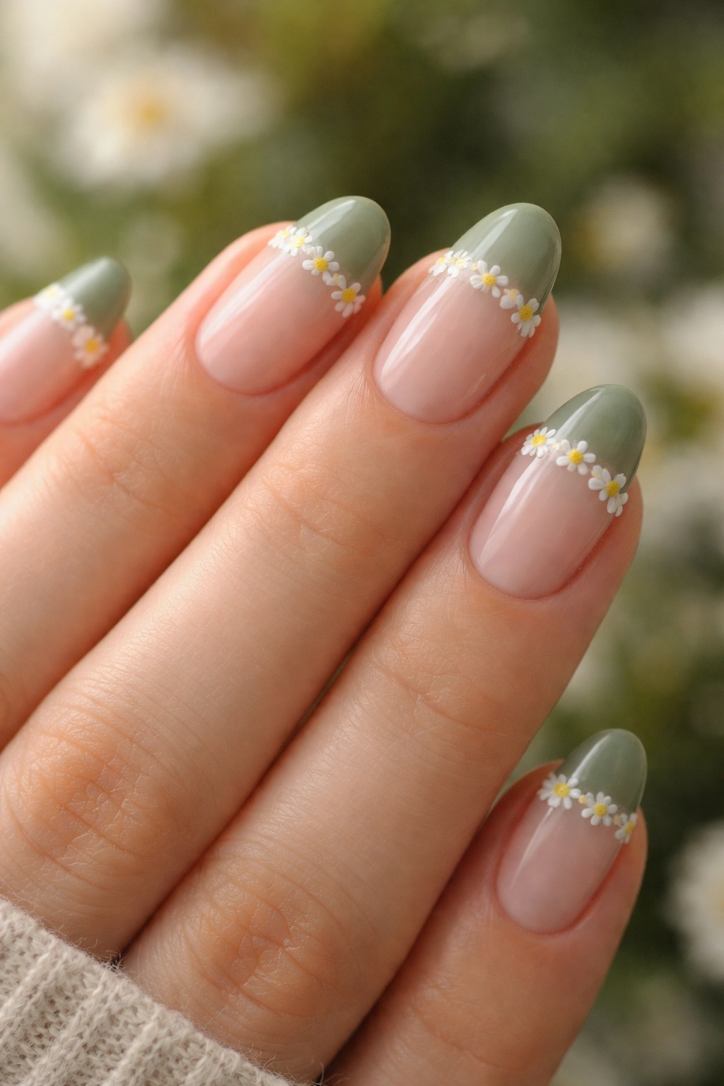 Short almond nails with sage tips and tiny white daisies at the tip-base junction