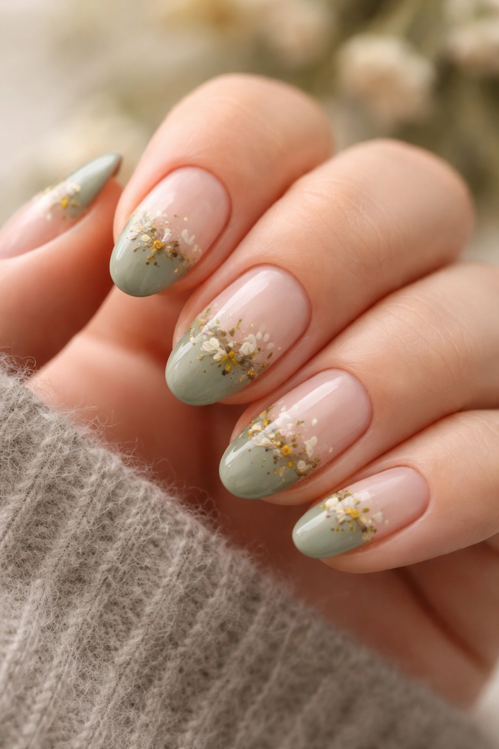 Close-up of sage nails with dried wildflowers embedded under clear gel