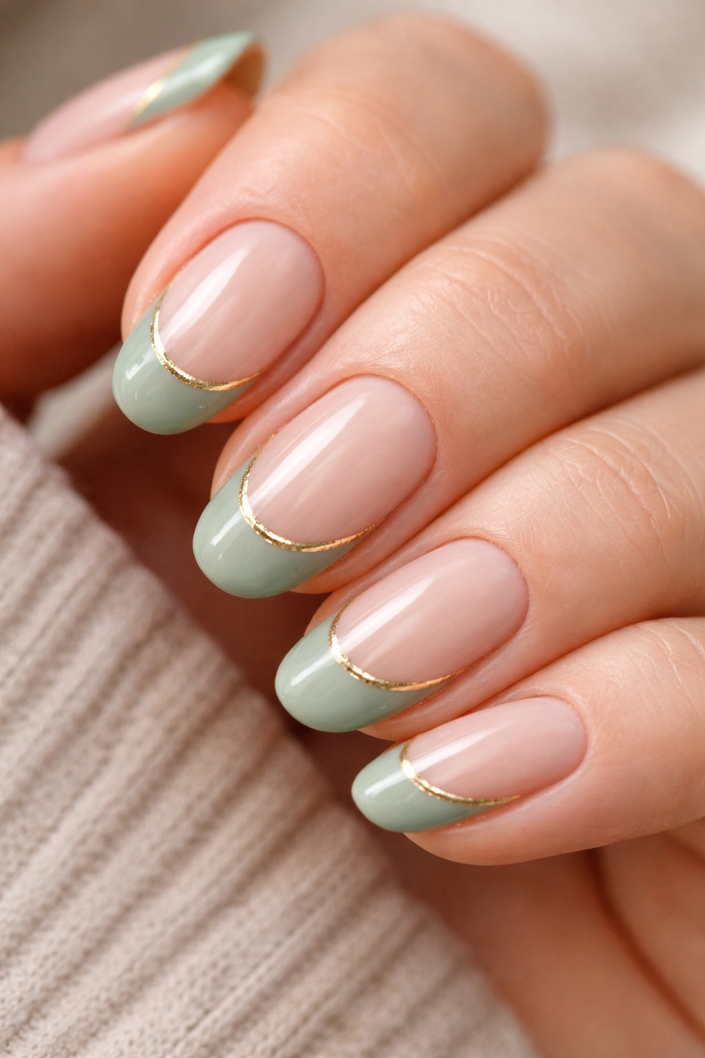 Almond nails with sage tips and gold foil line on nude base