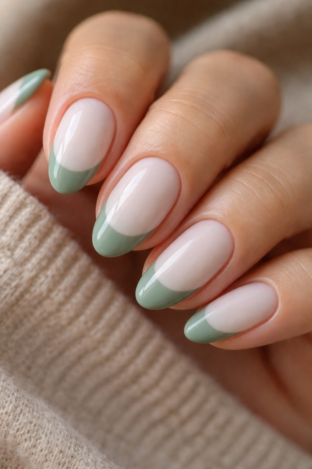 Short almond nails with sage tips over milky white base