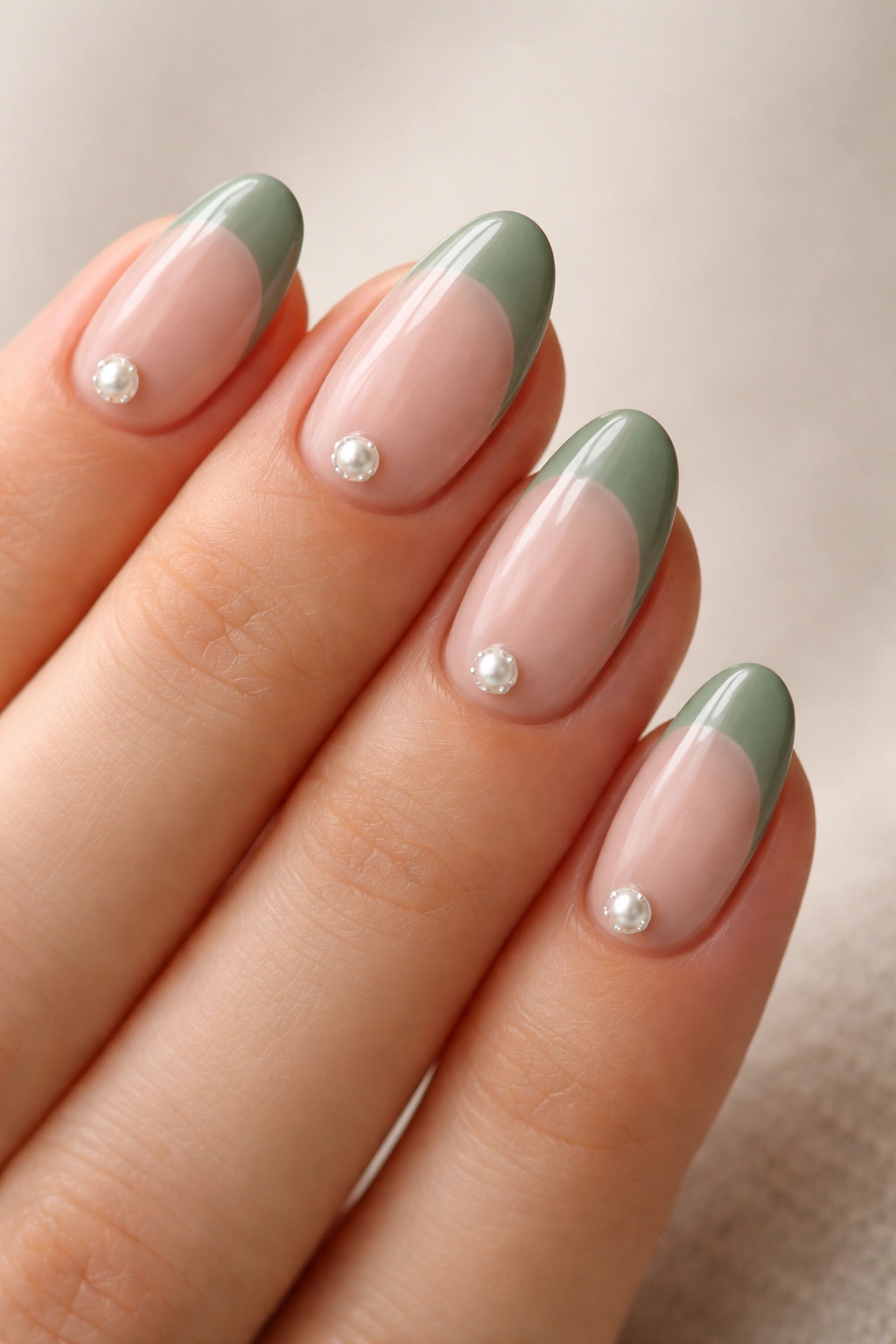 Short almond nails with sage tips and centered pearl or rhinestone on the smile line