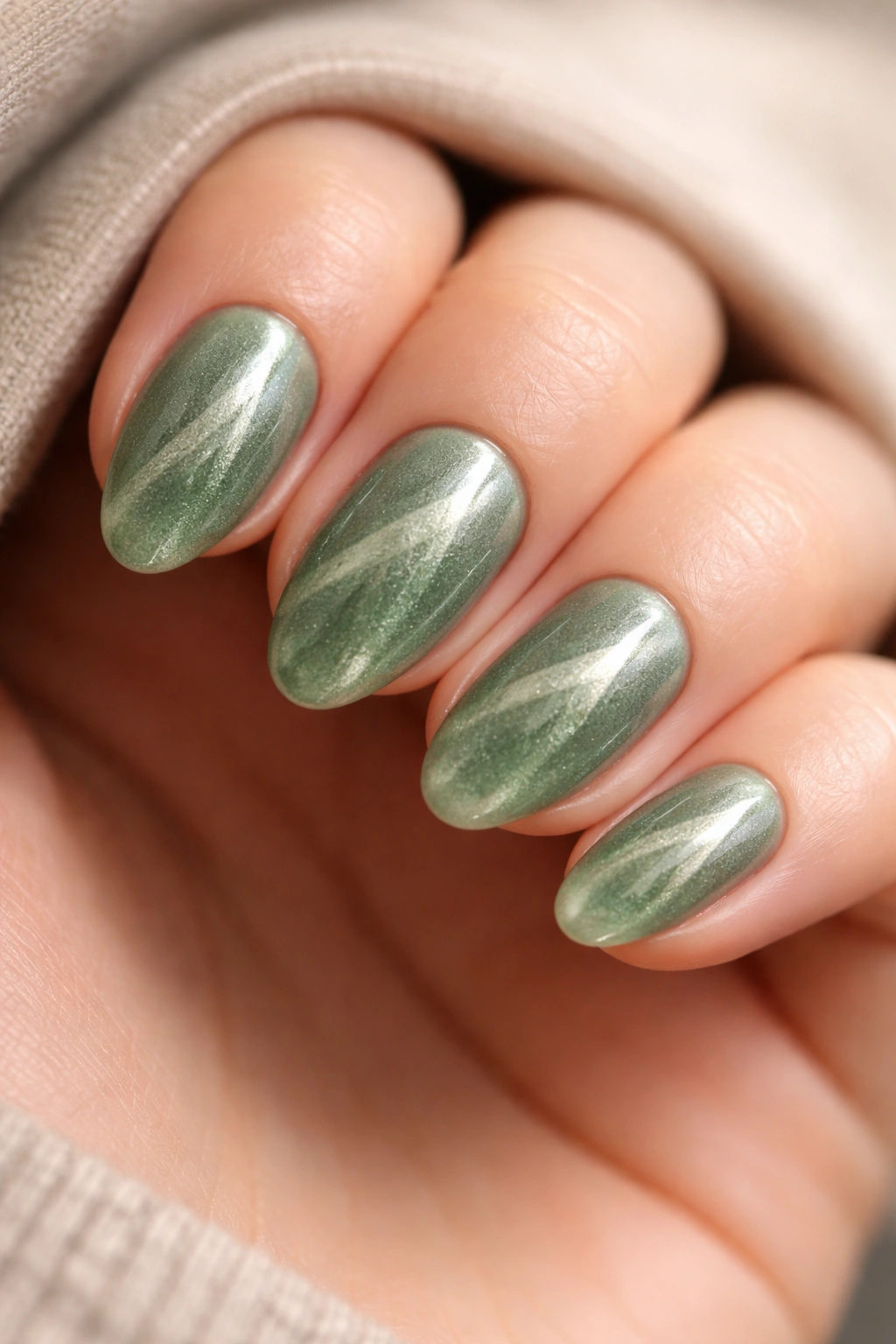 Close-up of velvet sage green nails on short almond shape with magnetic shimmer