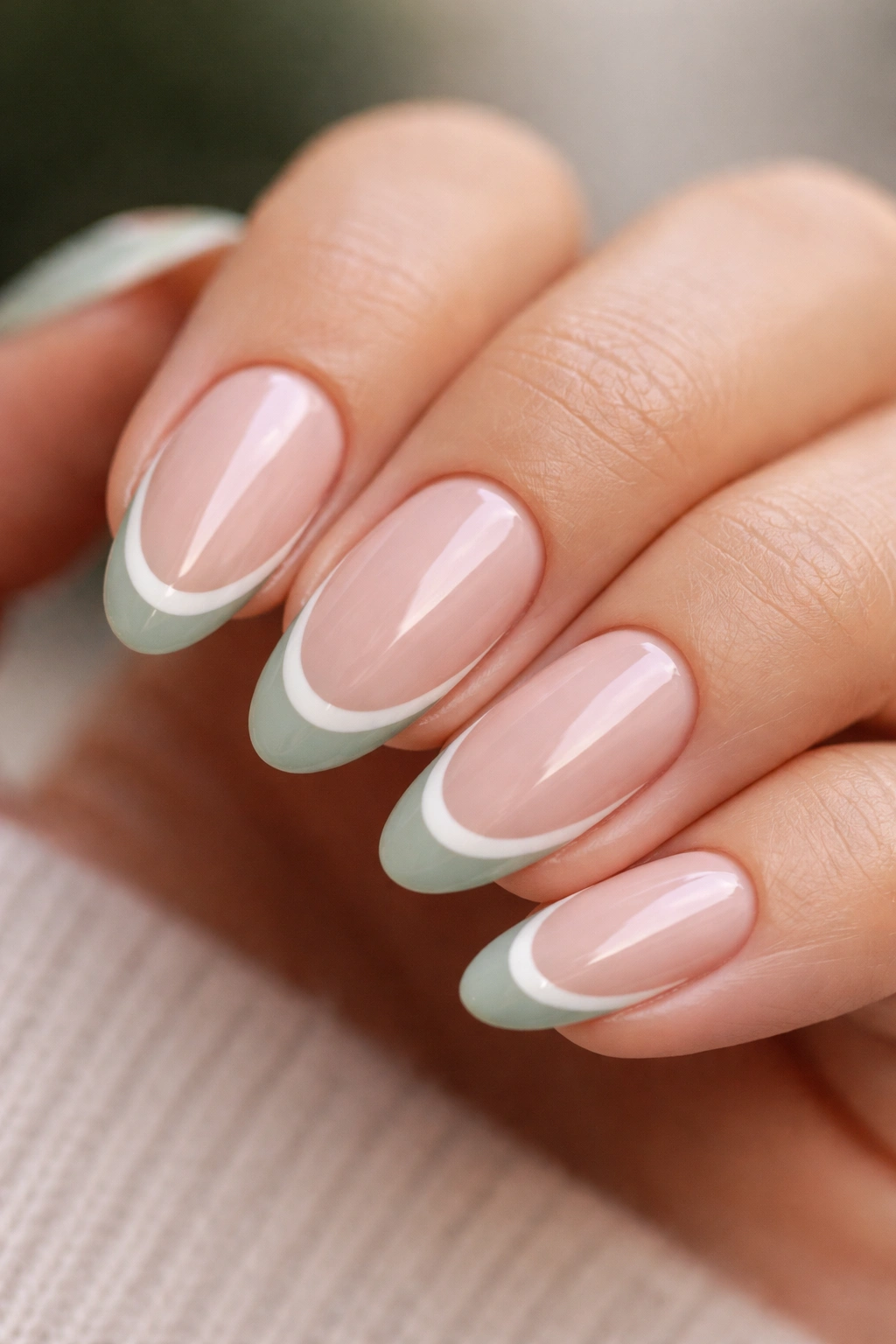 Almond nails with sage and white double French tips on nude base