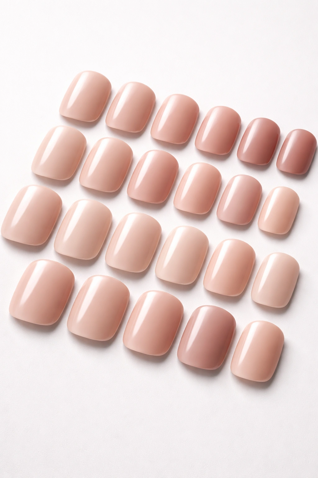 Close-up of a full set of short squoval gel nails in nude tones on a neutral background