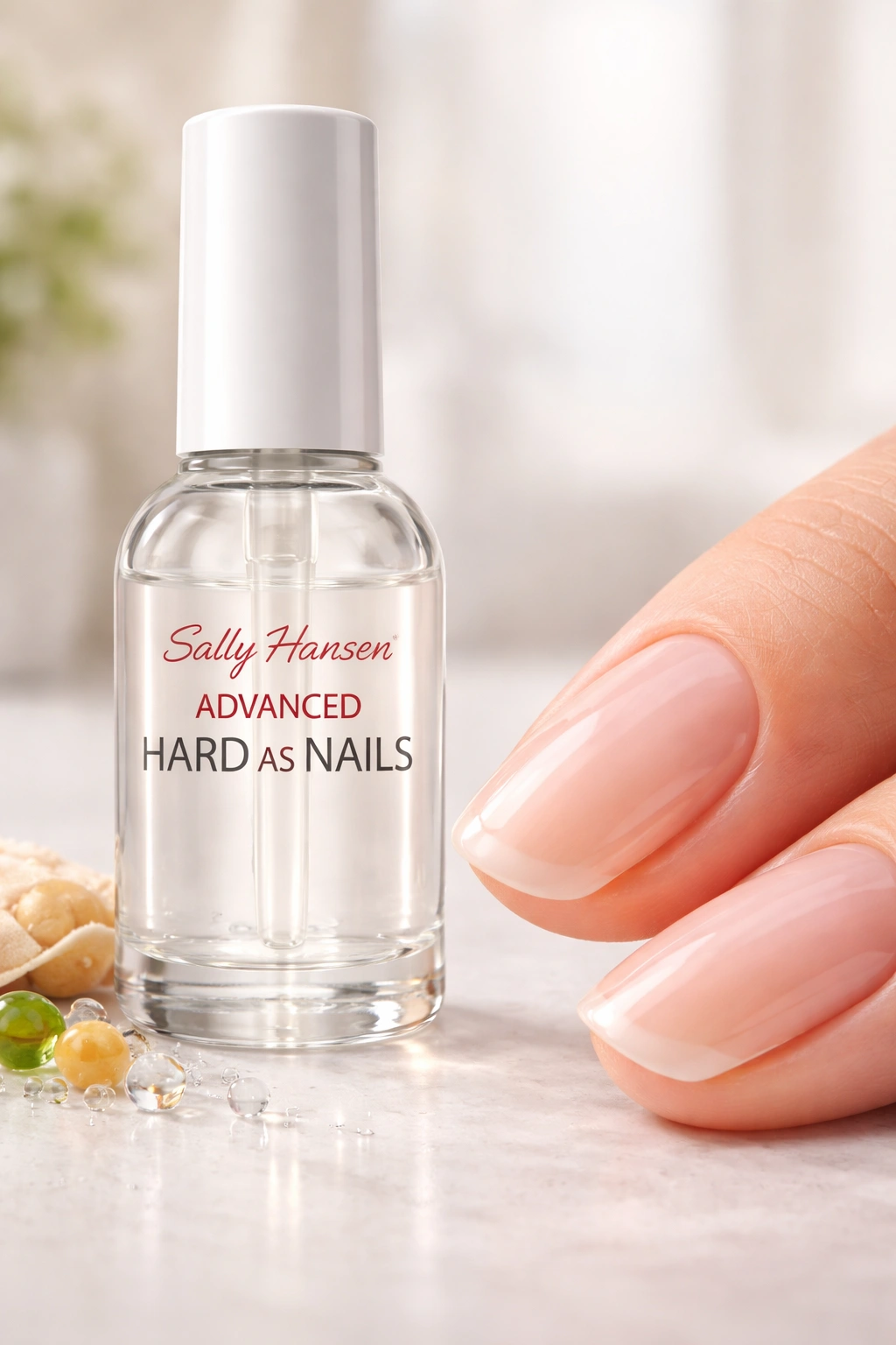 Unmarked bottle silhouette beside smooth, polished nail