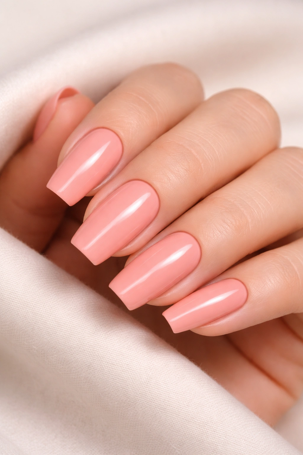 Close-up of salmon pink tapered soft square nails with a glossy solid color