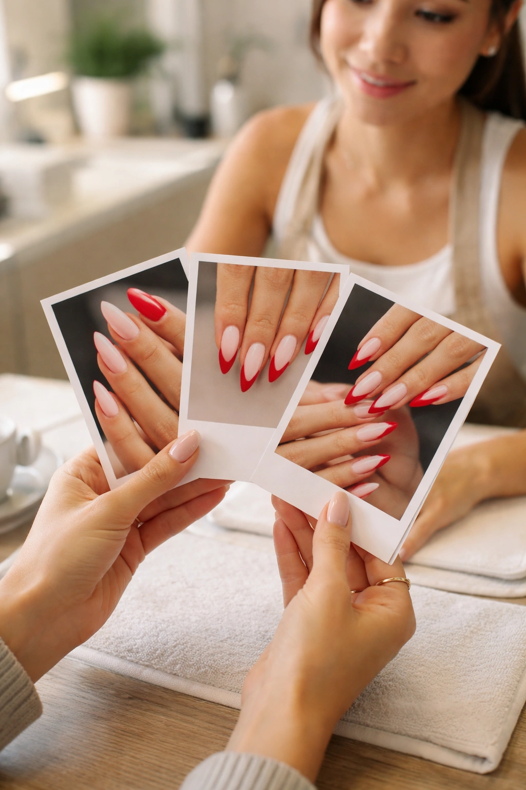Client with three nail reference photos consulting a nail tech at a salon
