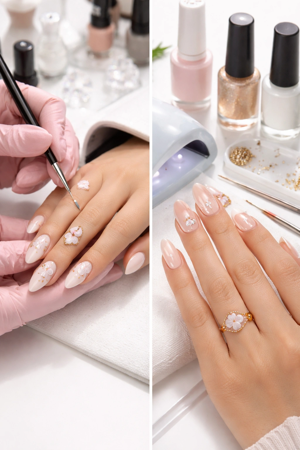 Split-frame showing salon manicure and DIY nail setup for Van Cleef style