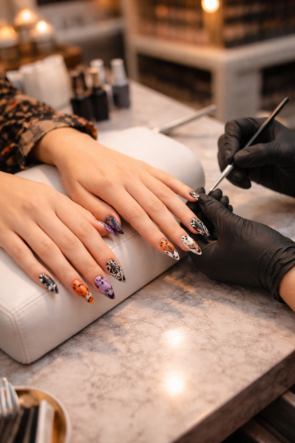 Interior of a modern nail salon showing hands with matching Halloween nail designs