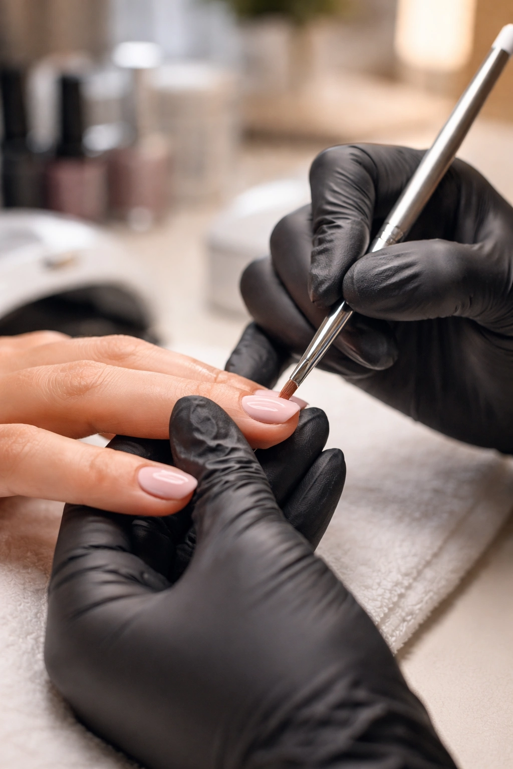 Close-up of a professional manicure being performed in a salon, highlighting skill and expertise.