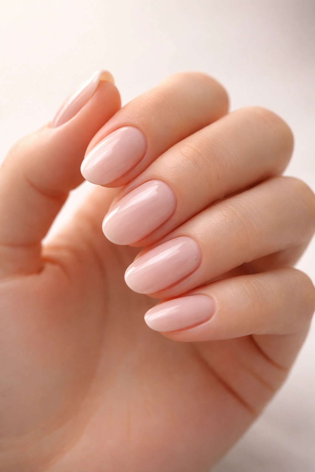 Hand with flawless glossy manicure in a neutral setting