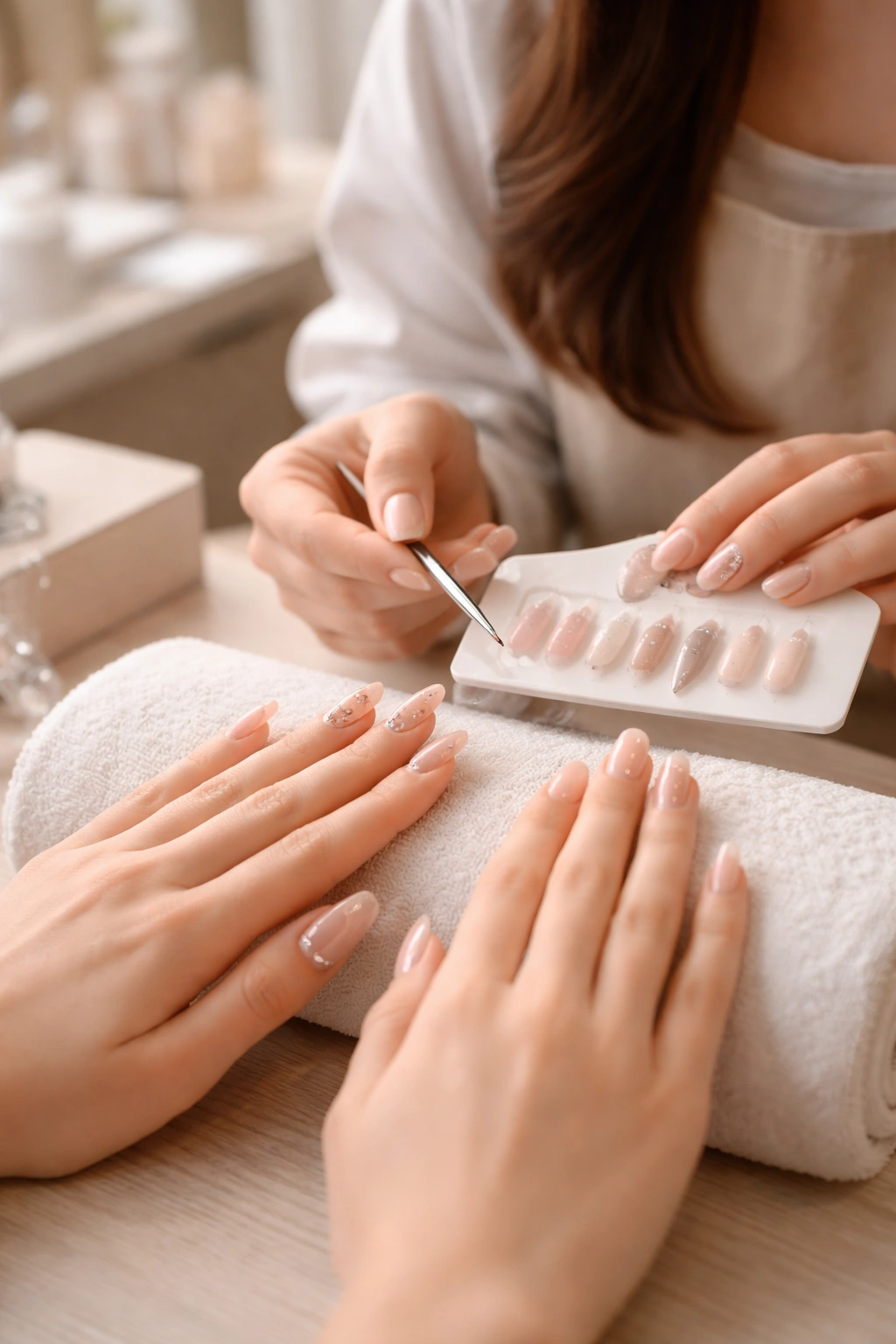 Hands during a nail salon consultation for slim ballerina nails