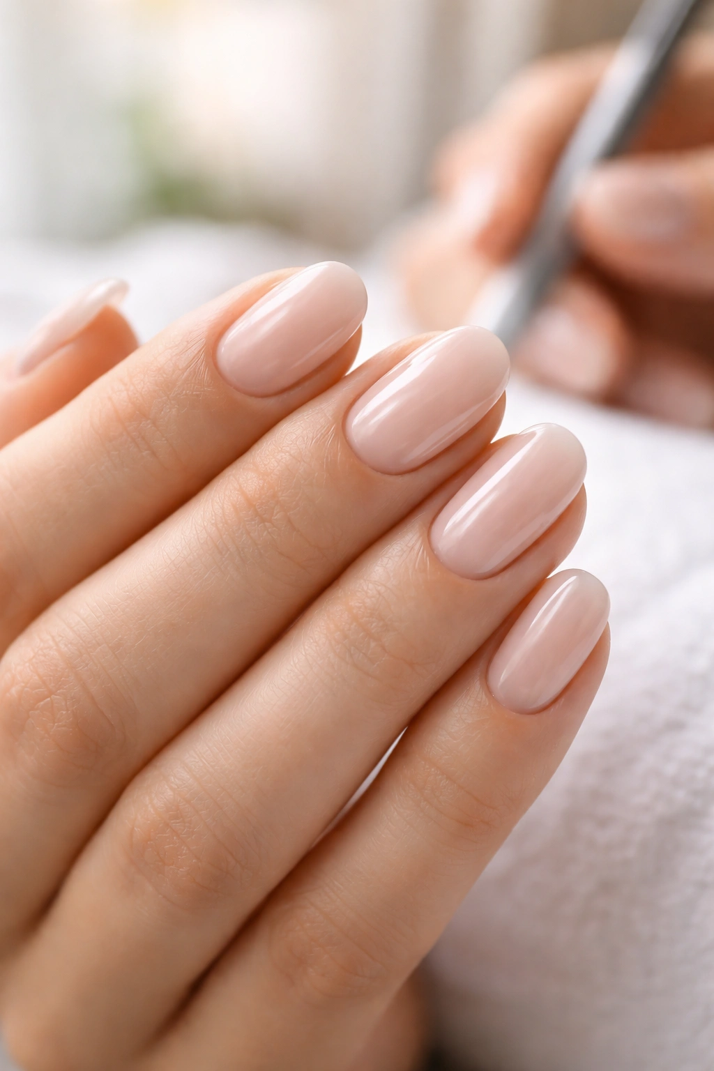 Close-up of hand with short oval polygel nails in a clean salon-ready look