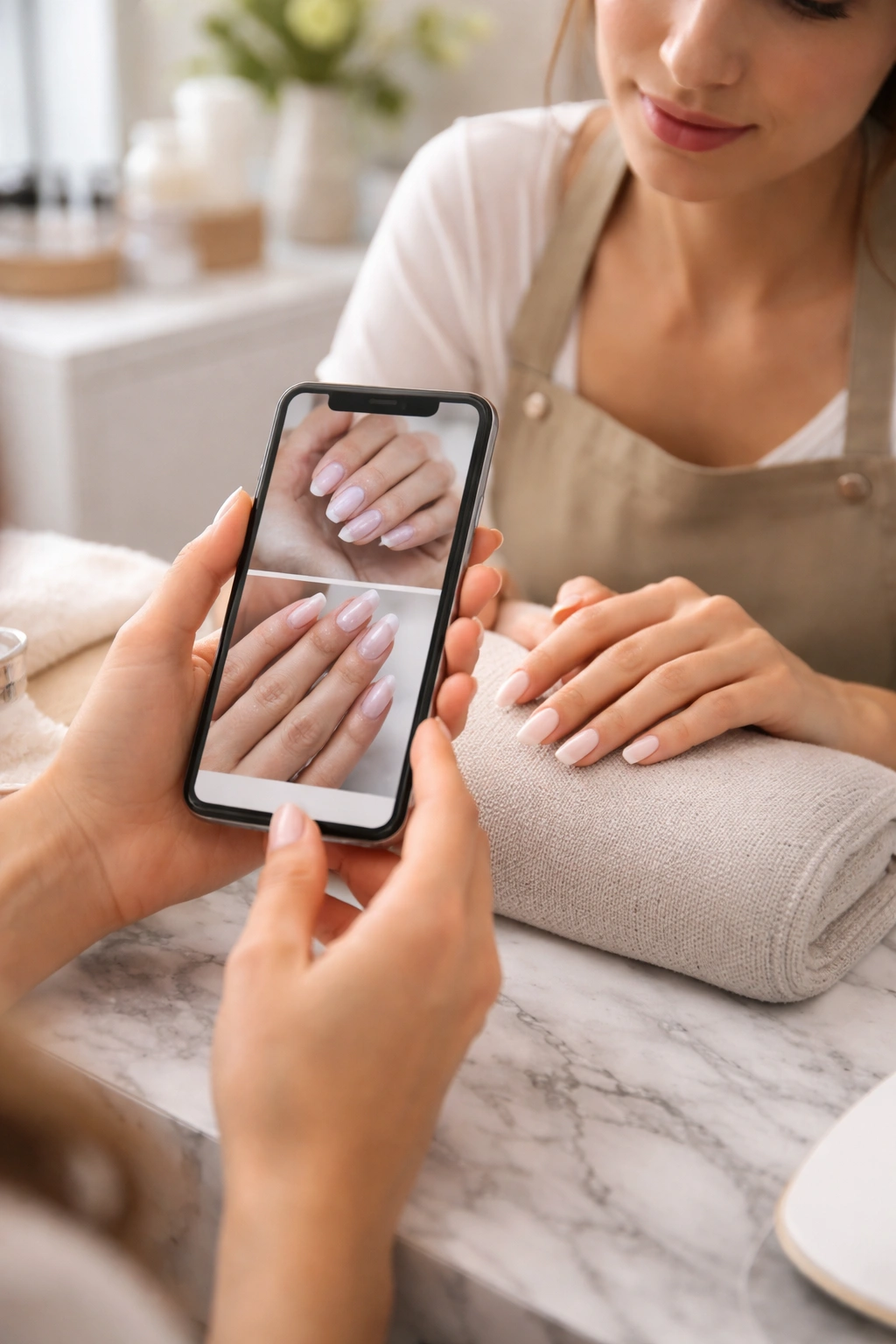 Salon scene with client and nail tech discussing pearl ballerina nails
