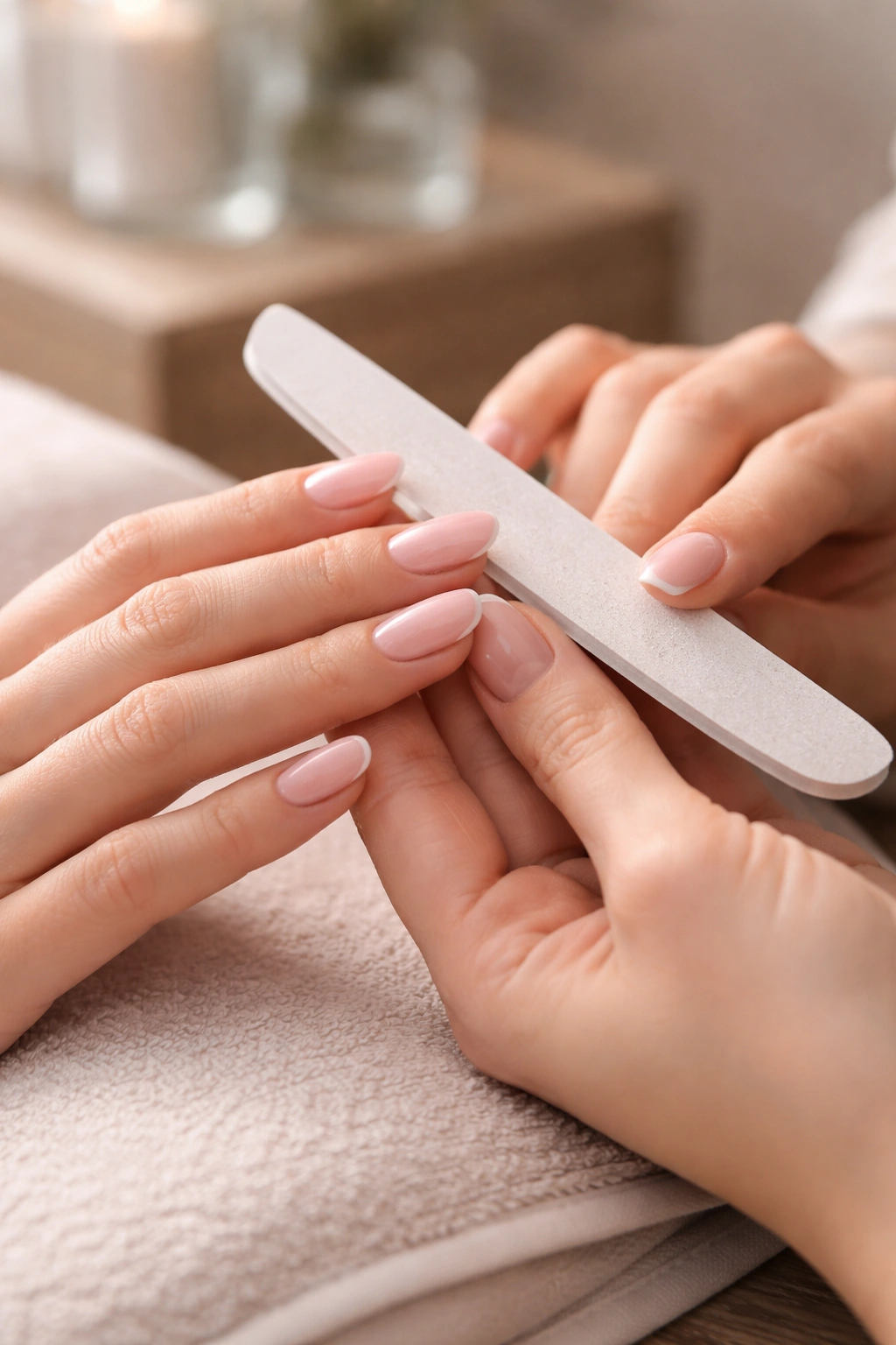 Nail technician shaping short almond nails with slim side profile